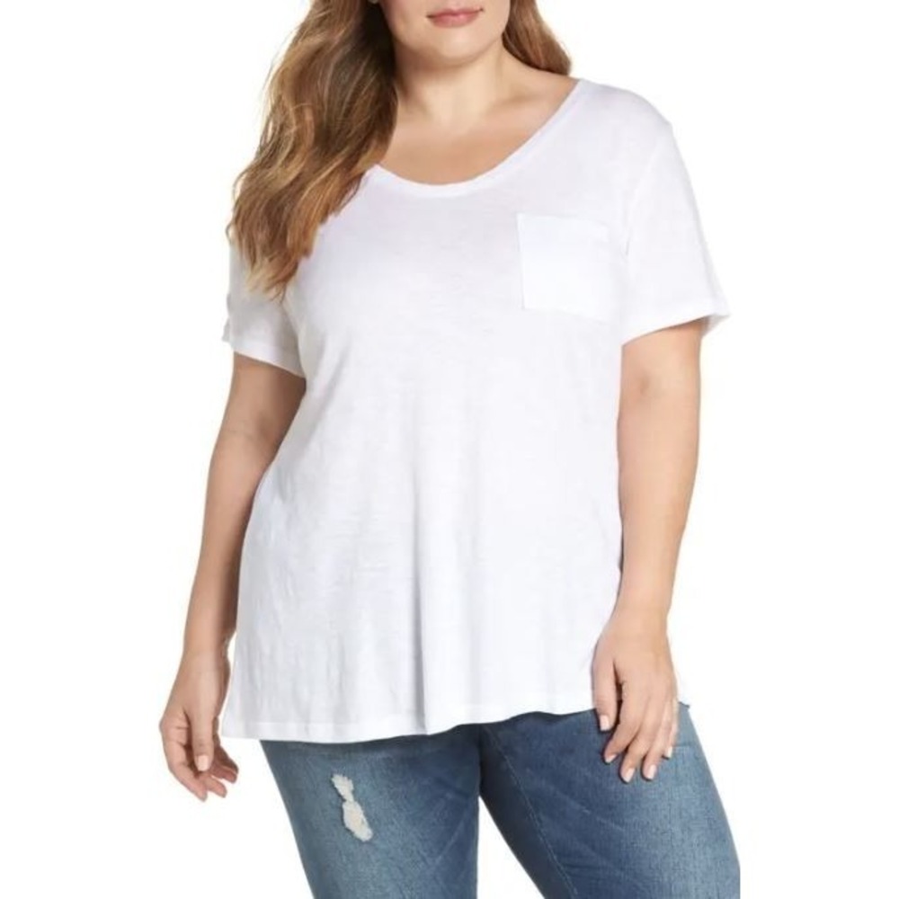 Caslon‎ Women's Plus Size Rounded V-Neck Cotton/Modal Pocket Tee in White 2X